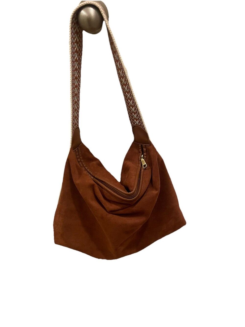 Shiraleah Boho Hobo Bag Rust Burnt Orange Suede Slouchy Tote Aztec Chevron Strap